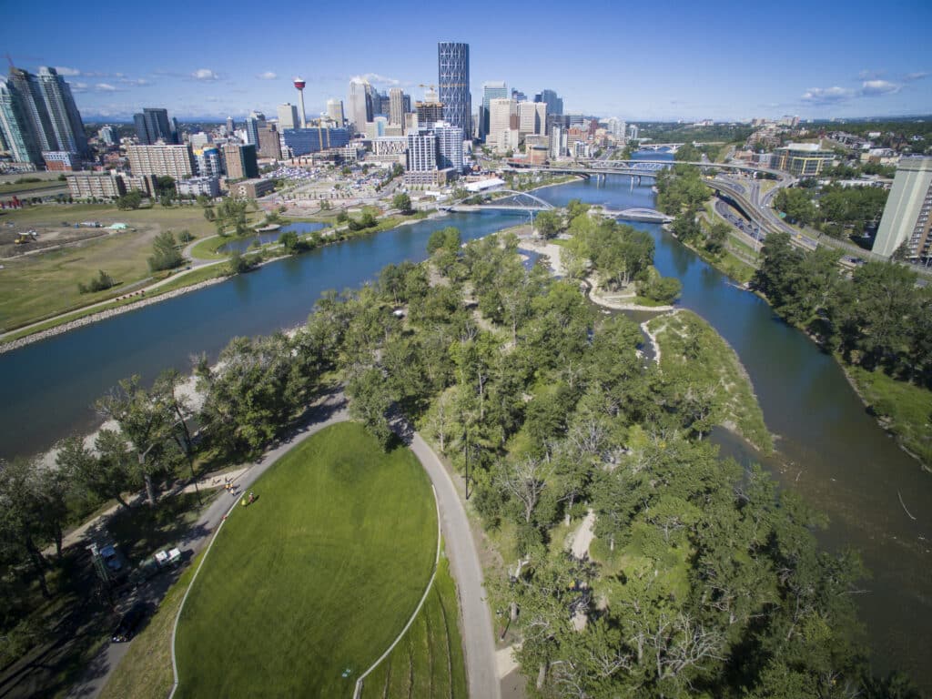 Calgary is fortunate to be at the confluence of the Bow & Elbow Rivers. Photo credit: East Village Calgary